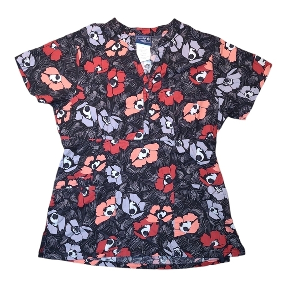 Sanibel Floral Scrub Top Gray Red Front Pockets Size Medium - Picture 1 of 6